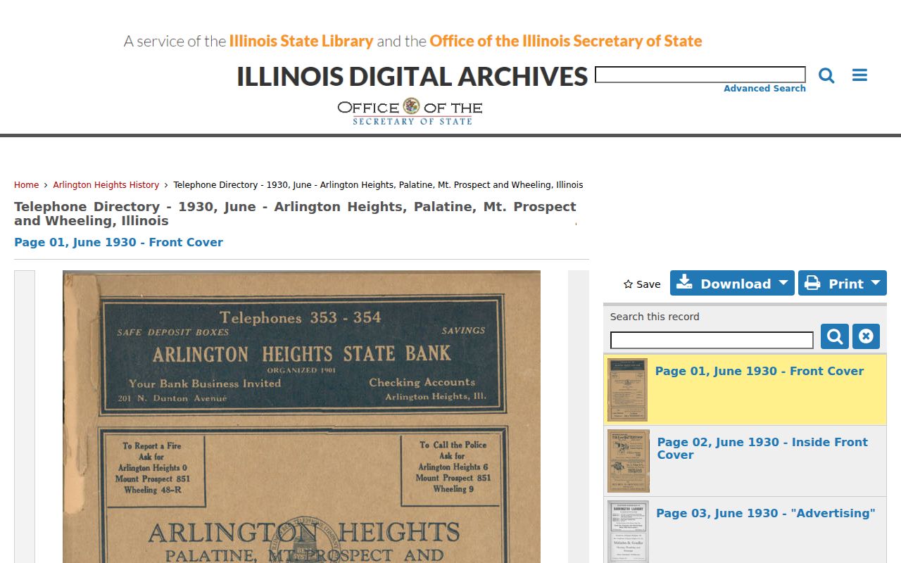 Digitized June 1930 Illinois Bell telephone directory containing Palatine listings