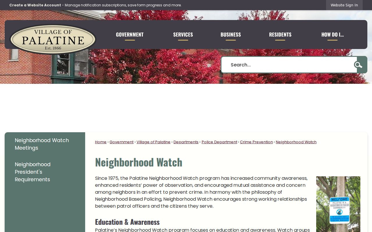 Village of Palatine Neighborhood Watch groups page for community block context